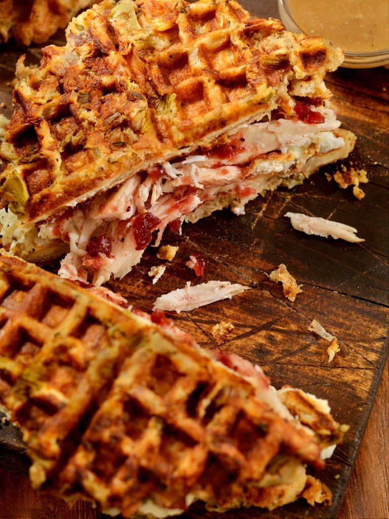 Holiday Stuffing Waffle, Turkey and Gravy Sandwich