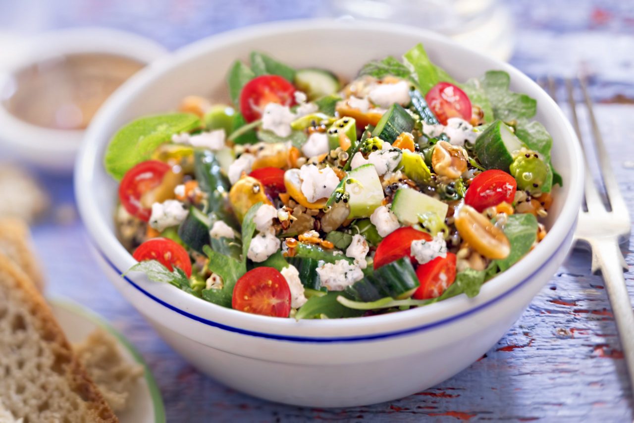 Whole Grains, Power Greens, Green Beans, Cucumber and Gorgonzola Cheese Salad